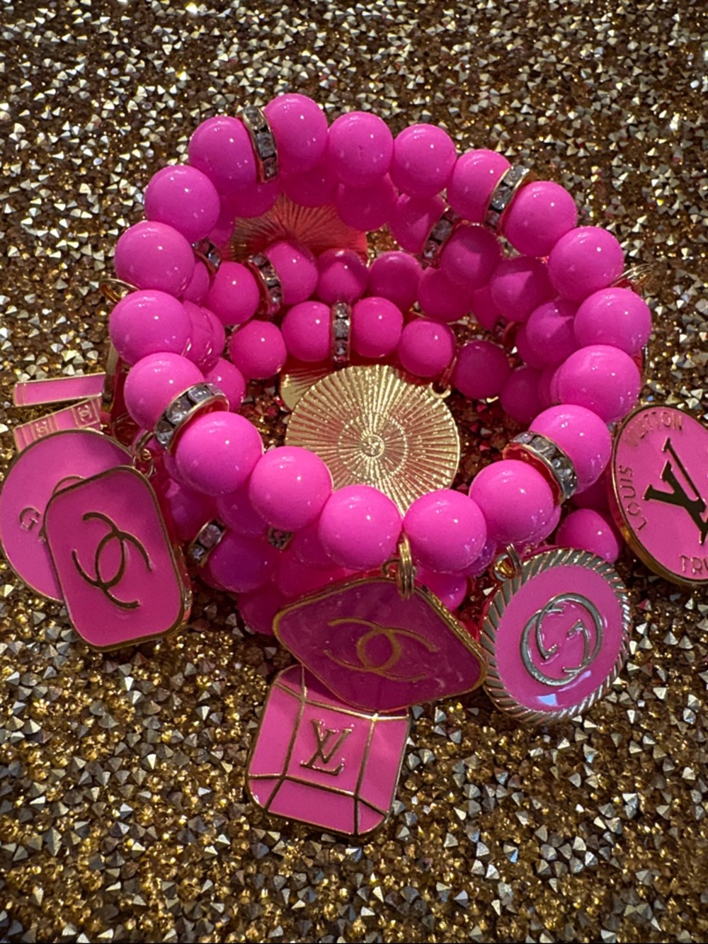 Pink stacked Charm Bracelet Set -